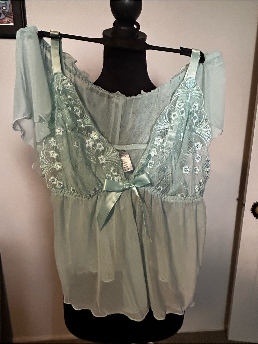 Sheer Mint Lace-Trim Chemise with Satin Bow